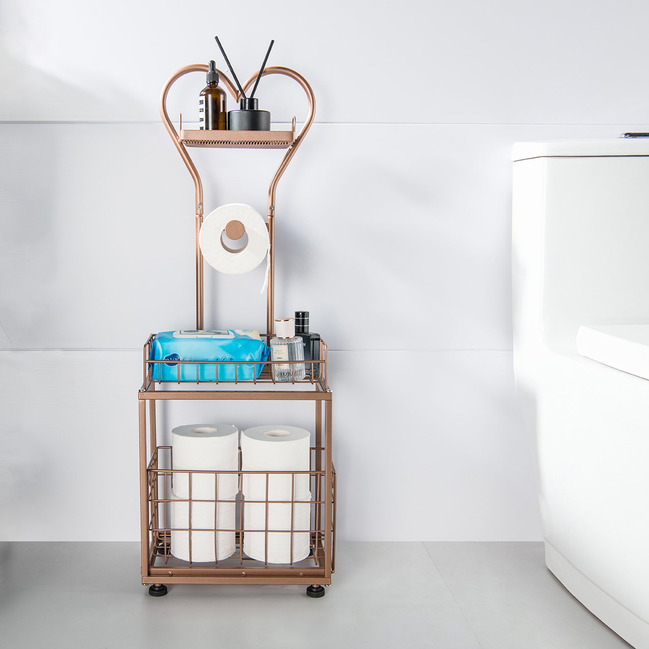Freestanding Toilet Paper Holder, Drawer Style Storage Compartment, with Storage Shelf Reserve for Phone Tablet Magazine Bathroom Organizer (Red Copper)