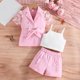 thumbnail image 2 of Odeerbi 3-9 Años Trajes de Verano Para Niñas Camisola de Algodón Pantalones Cortos Chaqueta Blazer Trajes Chaqueta Con Solapa de Muesca Conjunto de Tres Piezas, 2 of 9