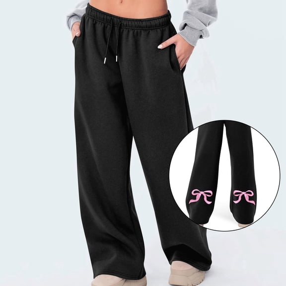 Womens Baggy Sweatpants Valentine's Day Bow Print Straight Lightweight Relaxed Fit Joggers Pants With Drawstring Running Pants With Pocket Black L