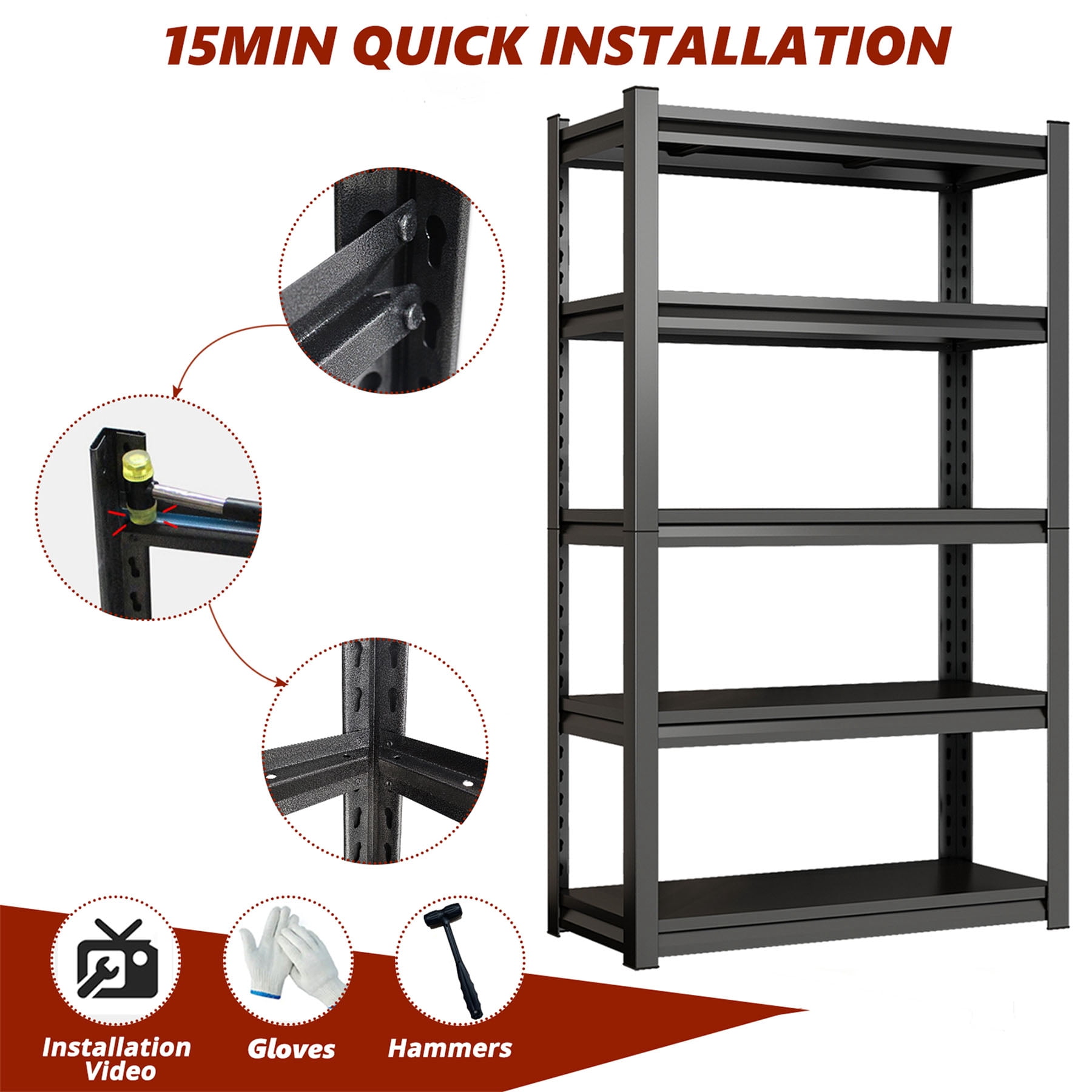S-HOME 5-Tier Adjustable Height Metal Storage Shelving Unit in Black, 71.20 Inches Tall, Industrial Utility Bookcase for Home