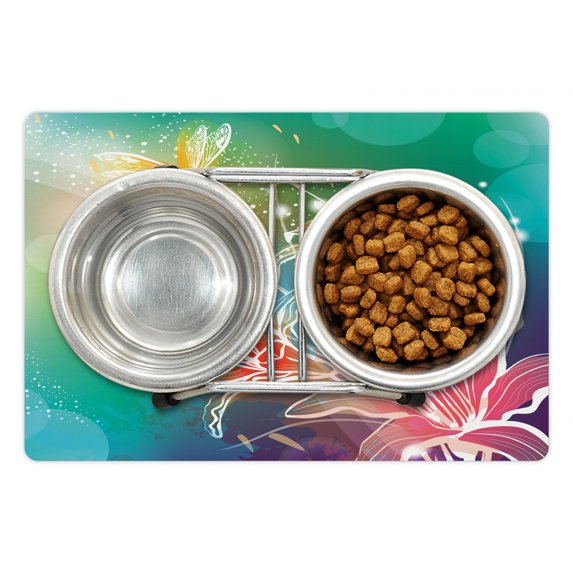 Dragonfly Pet Mat for Food and Water, Spring Theme Sketchy Digital Leaves Lilacs with Sunbeams Image, Non-Slip Rubber Mat for Dogs and Cats, 18" X 12", by Ambesonne