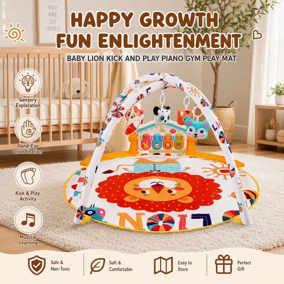 Doulami Baby Play Mat, Lion Activity Gym with Hanging Toys, Music Piano Panel and Round Tummy Time Mat for Babies