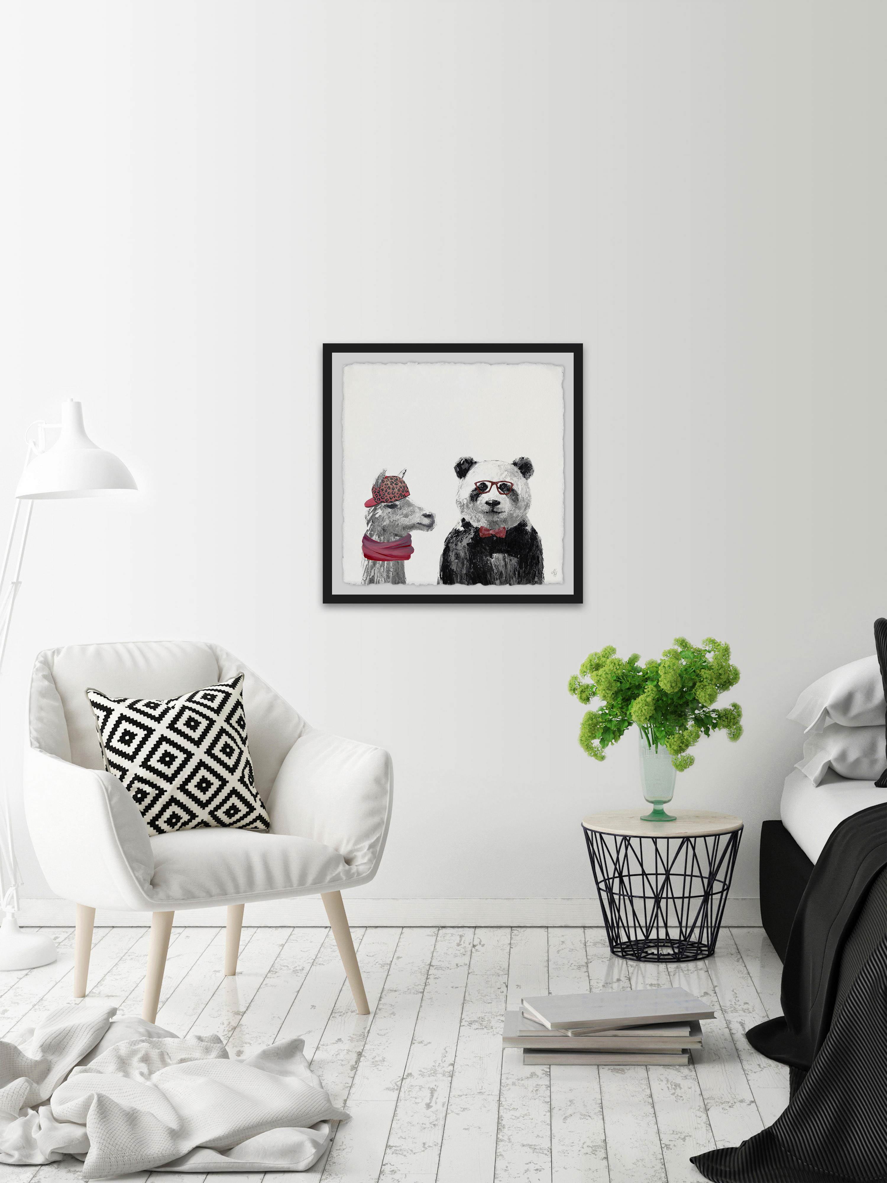 Panda And Llama In Pink Framed Painting Art Print, 18.00" x 1.50"