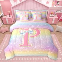 Homewish Kawaii Girls Letter P Twin Bedding Sets 7-Piece for Kid, Cartoon Monogrammed Bedding Comforter Set, Bling Stars Rainbow Reversible Sheet Sets, Super Cozy Room Decor