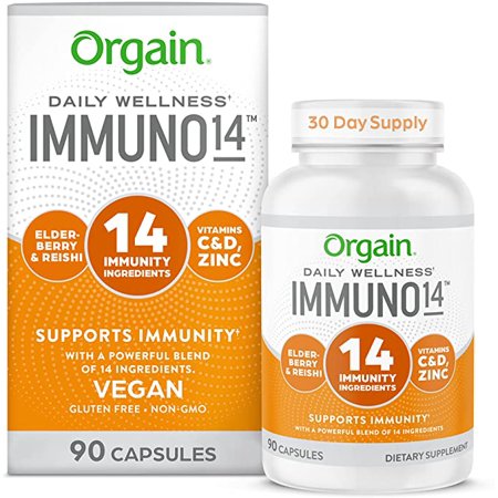 Orgain Immune Support Supplement with Vitamin C, D, Zinc, 14 Plant Based Immunity Ingredients + Elderberry, Acerola Cherry, and Organic Mushroom Blend - 1 Month Supply (90 Capsules)
