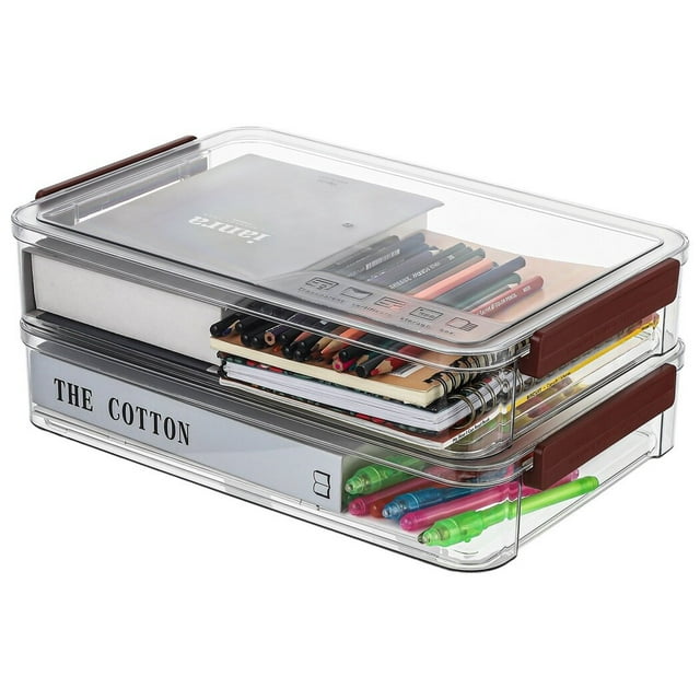 2PCS Portable Project Cases, Plastic File Storage Box with Lids, Stackable Transparent Containers for File Stationery Photo Documents with Snap-Type Latch, 14.4" x 9.3" x 2.6"
