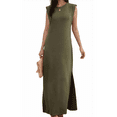 thumbnail image 2 of Vestido Maxi de Verano 2025 para Mujer, Informal, Holgado, con Abertura, Sin Arrugas, con Cuello Redondo y Bolsillos, Verde L, 2 of 9