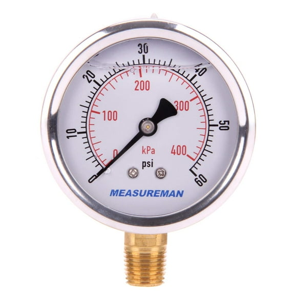 MEASUREMAN nch Dial Size, Liquid Filled Pressure Gauge, si/kpa, 304 Stainless Steel Case, 1/4inNPT Lower Mount psi Lower Mount
