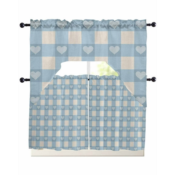 Blue Plaid Kitchen Curtains Sets 36 Inch Length with Valance, Country Cute Love Pastoral Heart Lattice Swag Valances and Tiers Curtain Set Drapes Swag Curtains for Living Room, Bathroom, Bedroom