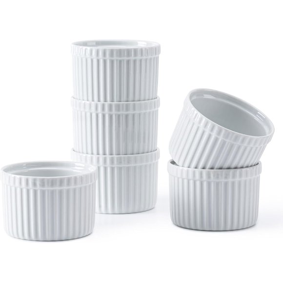 Ramekins 8 oz, Ramekin Set of 6 for Creme Brulee, White Ceramic Ramekins Bowls with Embossed Strips, Fluted Small Bowl Cups Oven Safe for Baking Custard, Pudding, Muffins Cake
