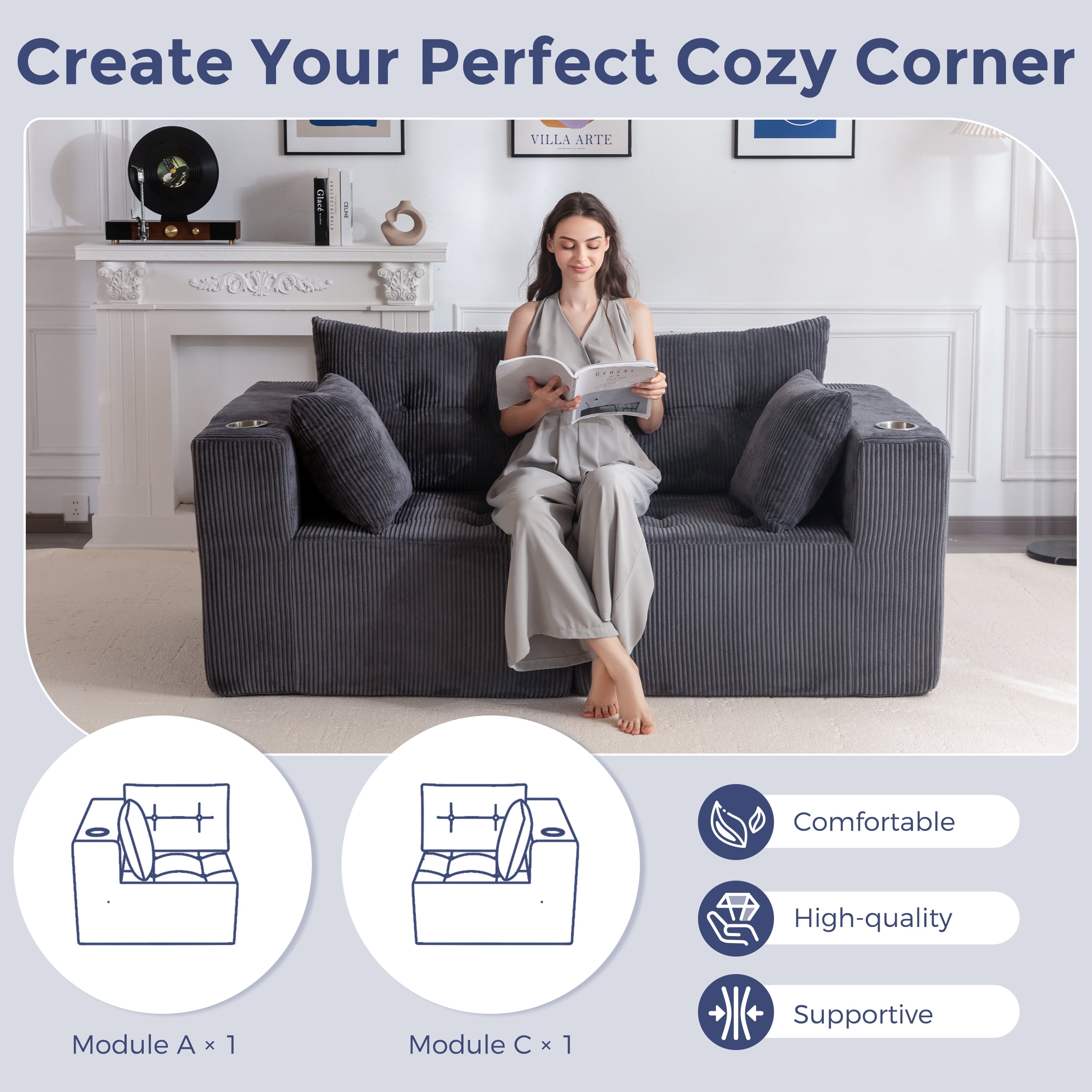 BYBYME Cloud Sectional Couch Loveseat Modern Comfy Modular Corduroy Sofa for Living Room,Tufted 2-Seat Sleeper Chair,Sofa in A Box,No Assembly Required,Grey