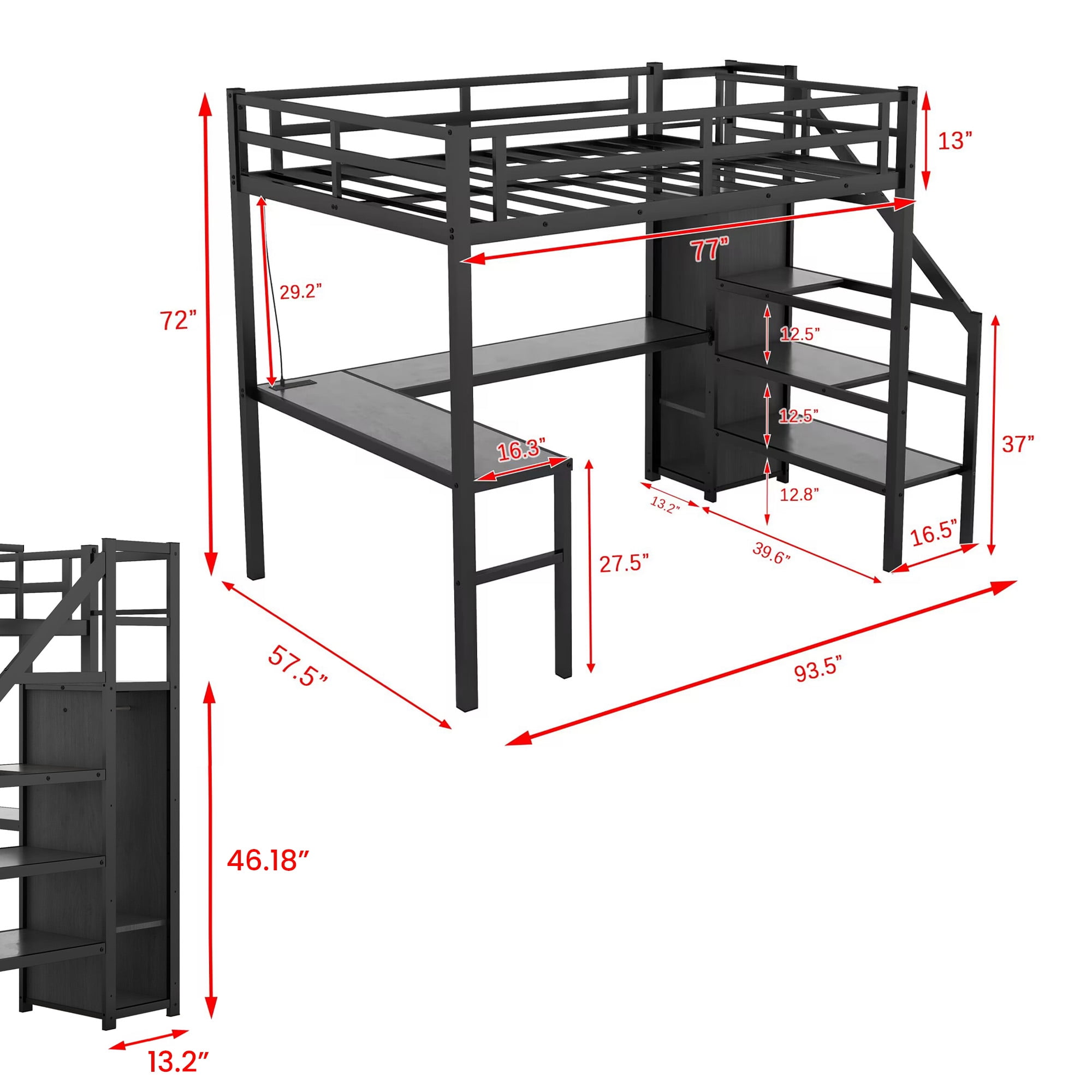 Aukfa Full Size Loft Bed with Desk and Wardrobe, Metal Loft Bed with USB Ports, LED Light and Staircase for Kids Teens - Black