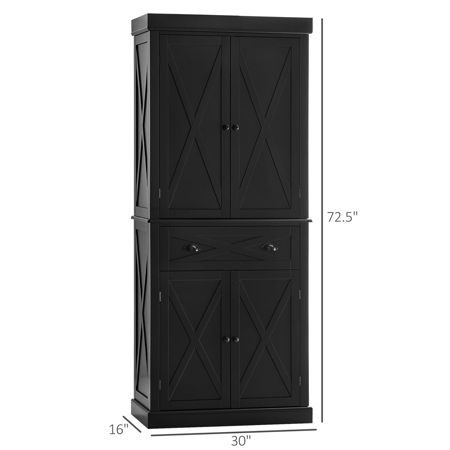 Demi Bonn 72" Traditional Kitchen Pantry Storage Cabinet, 4 Doors, 2 Adjustable Shelves, X-Frame Design, Central Drawer for Home Kitchen, Black