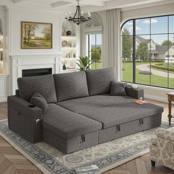 VOHOBY 82 Inch L-Shape Sectional Couch, 4-in-1 Multifunctional Pull-Out Couch Sleeper Sofa with Storage Chaise Charging Station Cup Holder for Living Room/Office/Apartment (Dark Gray)