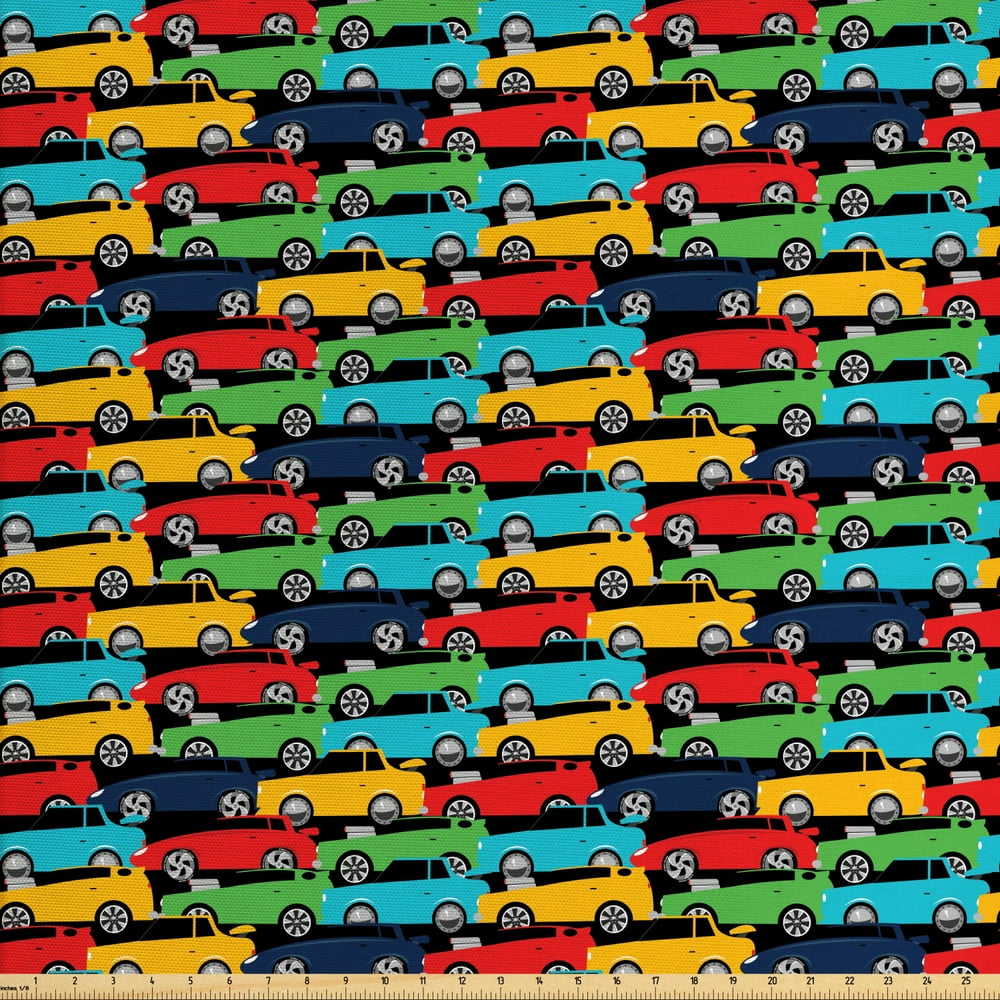 Race Car Fabric by The Yard, Continuing Repeated Layout of Colorful