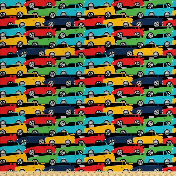 Race Car Fabric by The Yard, Continuing Repeated Layout of Colorful