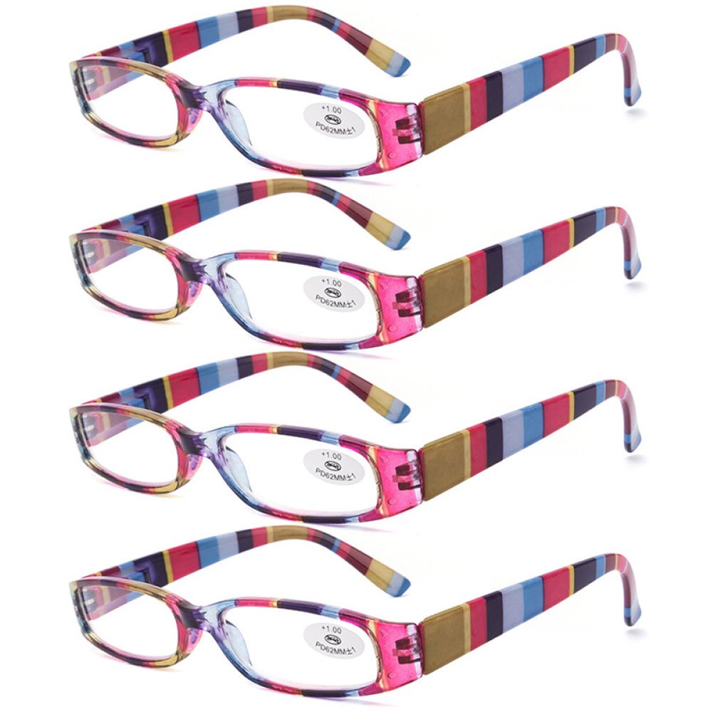 4 Pairs of Women's Small Rectangle Reading Glasses 1.00, Multicolored stripes Men's Classic Presbyopic Glasses, HD Plastic Spring Hinge Readers +1.00