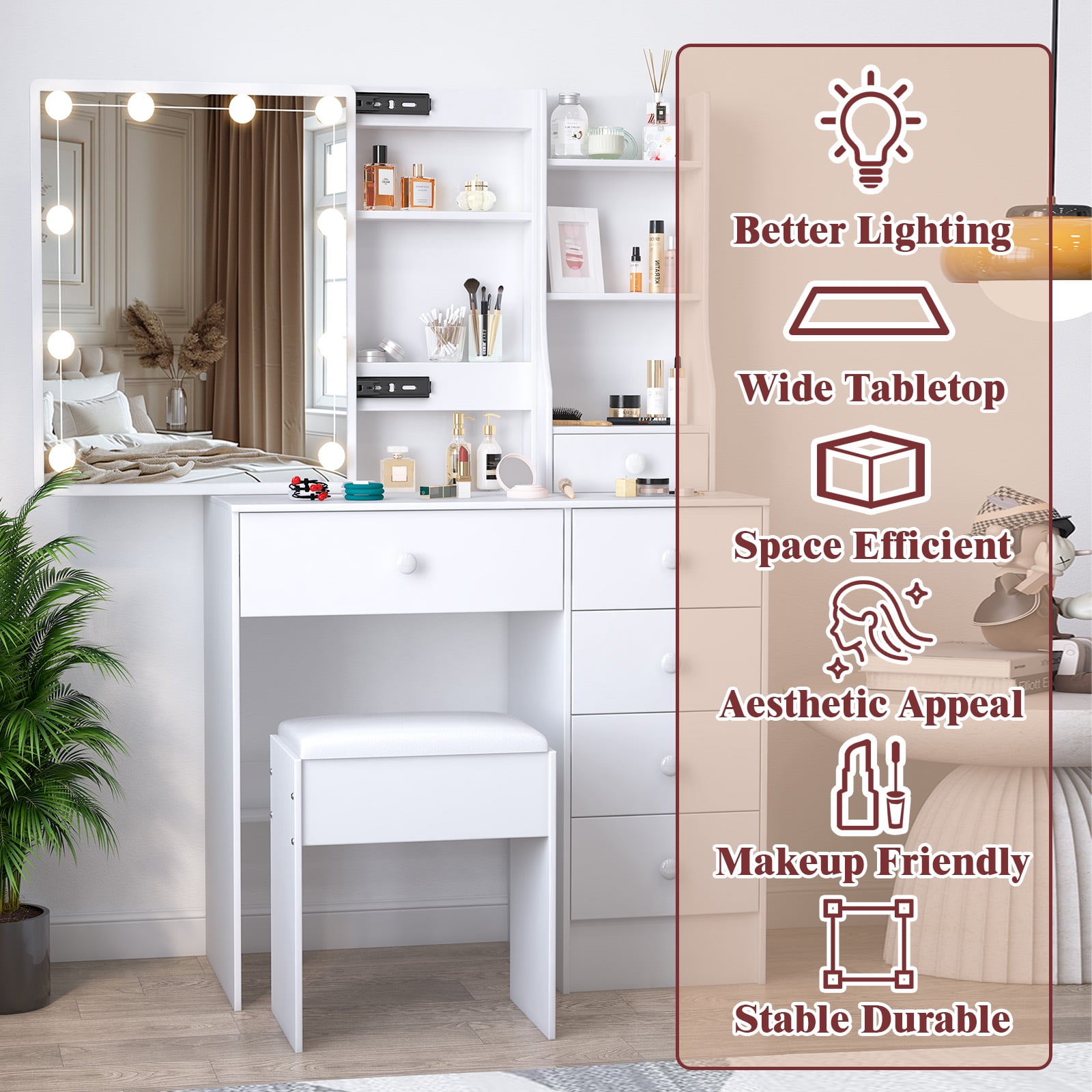 Caulitar Makeup Vanity Set with Sliding Mirror, Makeup Table With 3-Color LED Lights Vanity Desk with Stool & 6 Drawers & Shelves, White