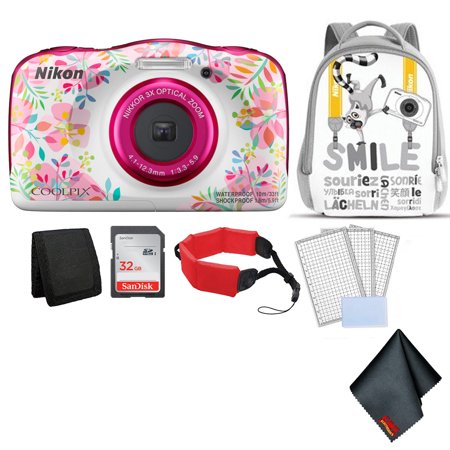 Nikon Coolpix W150 Kid-Friendly Rugged Waterproof Digital Camera (Flower) Bundle with White Backpack + 32GB SanDisk Memory Card + More (Intl