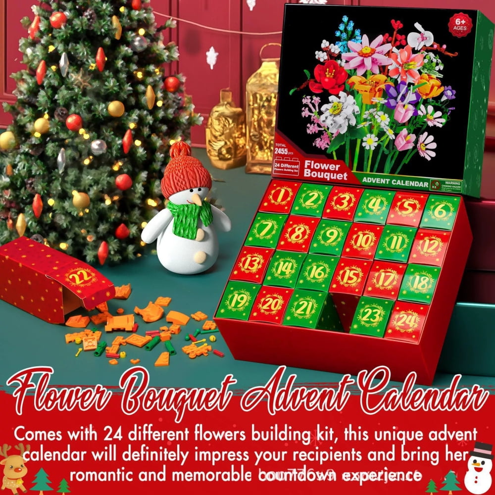 New Christmas Advent Calendar, Flower Building Block Gift Box, Christmas Countdown Blind Box Toy