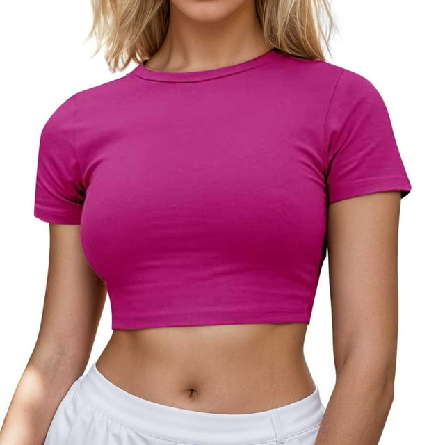 Women's Casual Short Sleeve Crop Top Round Neck Solid Tee for Spring Summer Everyday Wear Comfortable Basic Fit