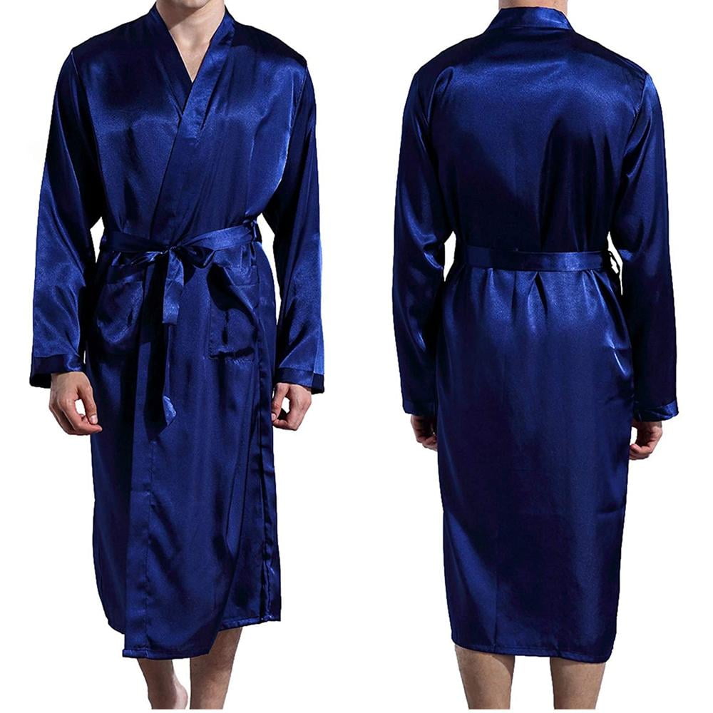 Men's V Neck Satin Robe Kimono Long Bathrobe Pajamas Nightgown ...