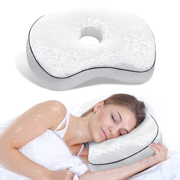 Pozico Ear Piercing Pillow for Side Sleepers, Soft Velvet Donut Cushion with Hole for Pain Relief, Removable Washable Cover, White