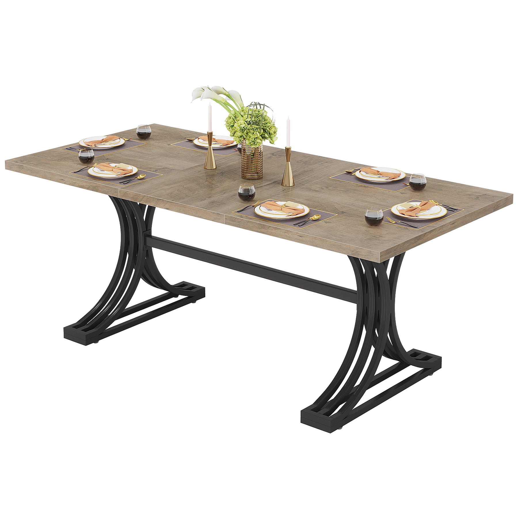 Fnova 63" Modern Dining Table, Rectangular Wooden Top Kitchen Table, Stylish Metal Trestle Legs, Seats 4 to 6 for Dining Room & Kitchen, Living Room