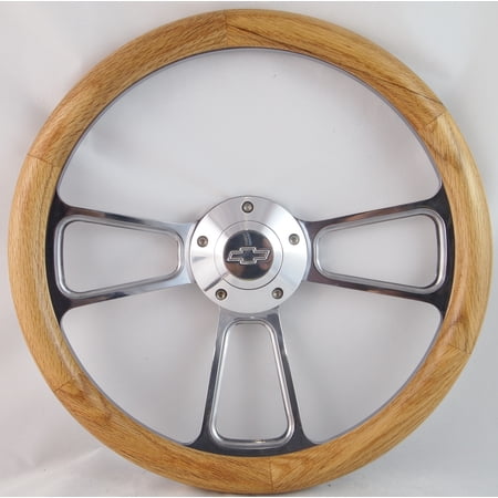 62-63 Chevrolet Chevy II, Nova 14" Unstained Oak Burn Wood Billet Black Steering Wheel Set Adapter & Horn