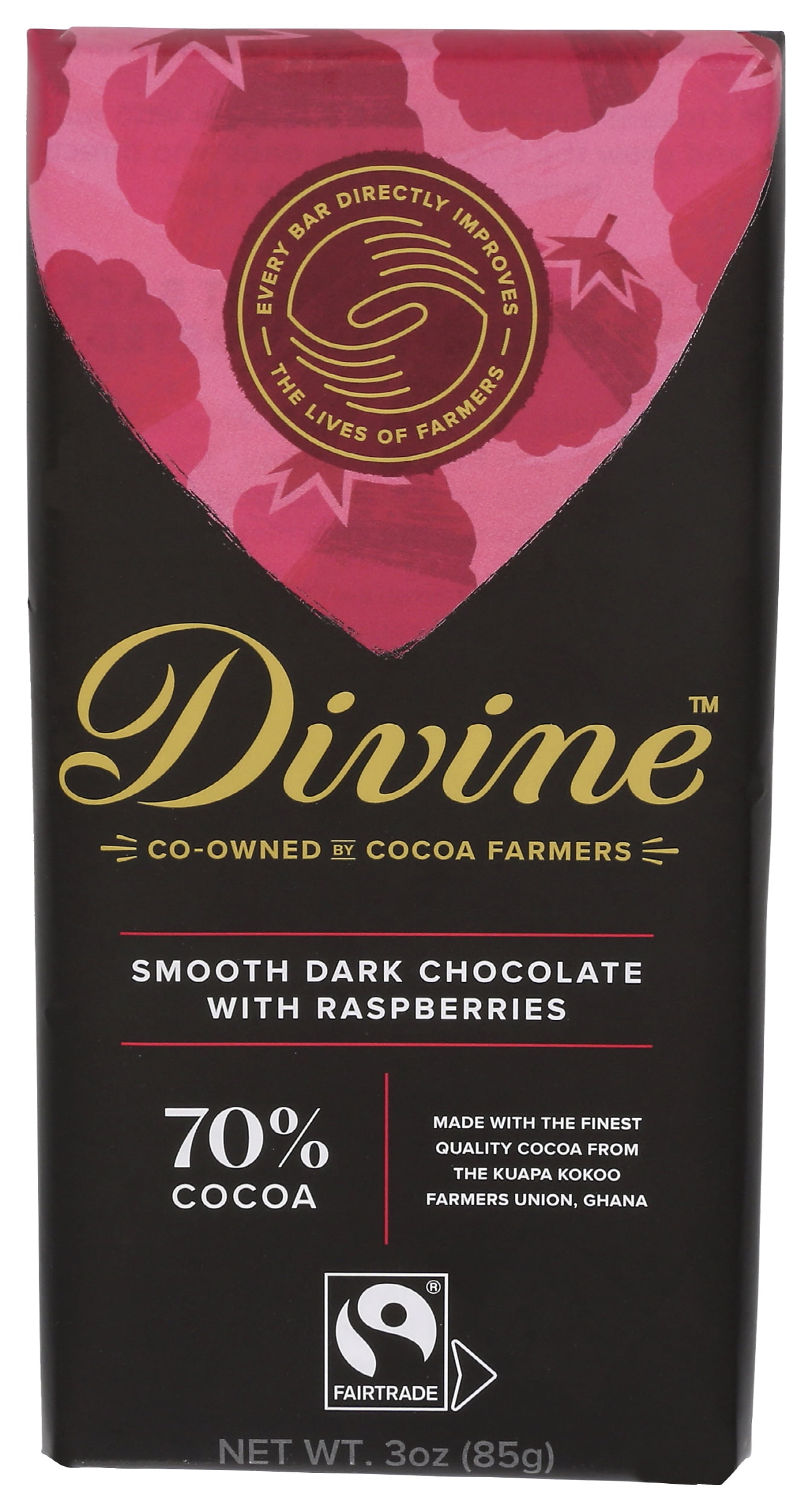 (Pack of 12), Divine Chocolate 70% Dark Chocolate with Raspberries, 3 oz