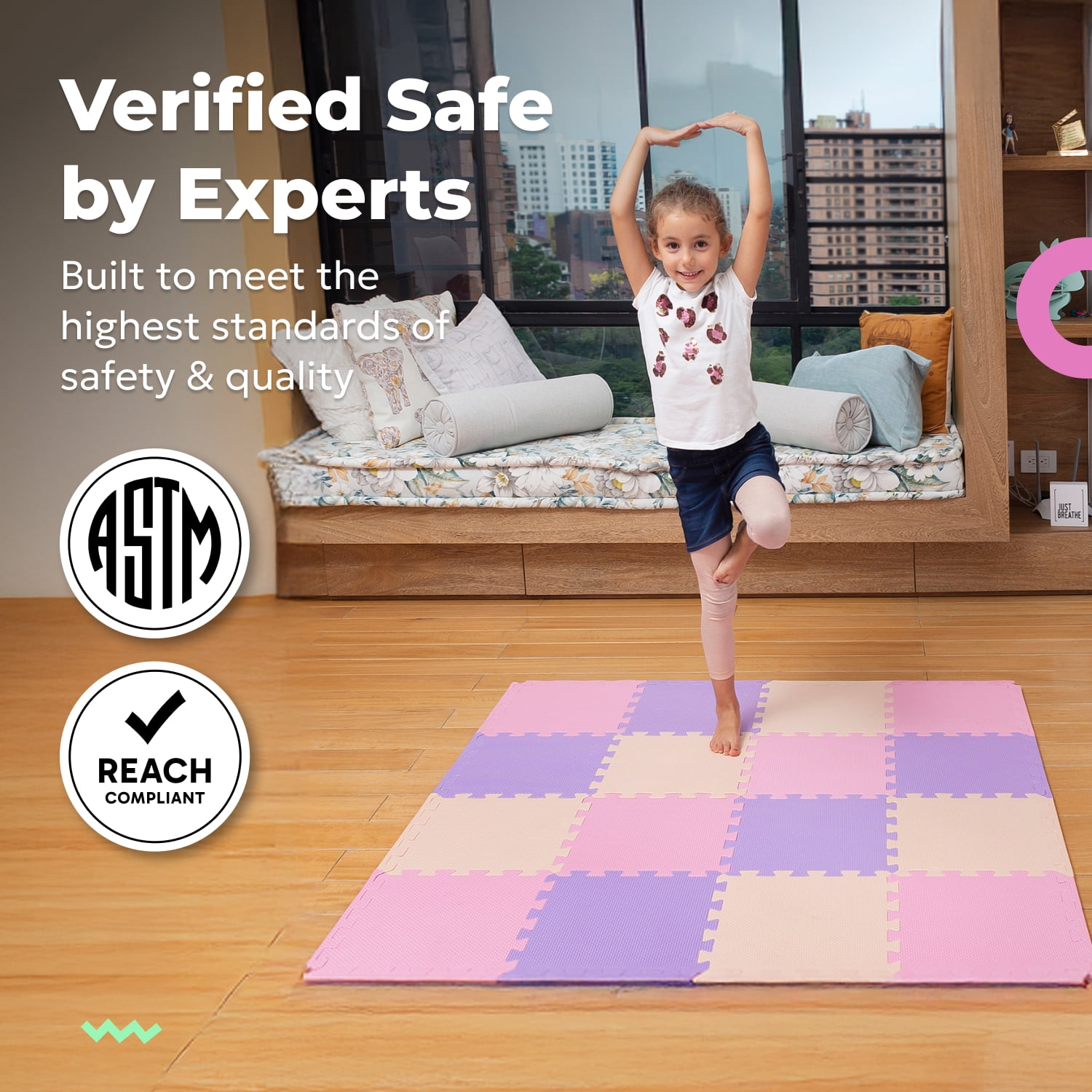 MioTetto Non-Toxic Foam Play Mat for Babies & Kids, Interlocking Puzzle Tiles, Pink-Purple-Beige, 18 Pieces – Perfect for Tummy Time, Crawling, Nursery, Playroom, or Gym