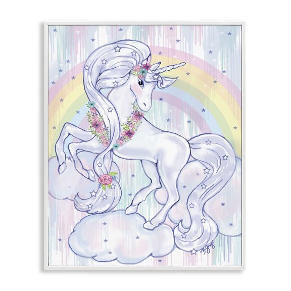 Stupell Industries Contemporary Purple Unicorn Floral Mane Clouds Under Rainbow White Framed Giclee Art, 16 x 20, by Maureen Griggs