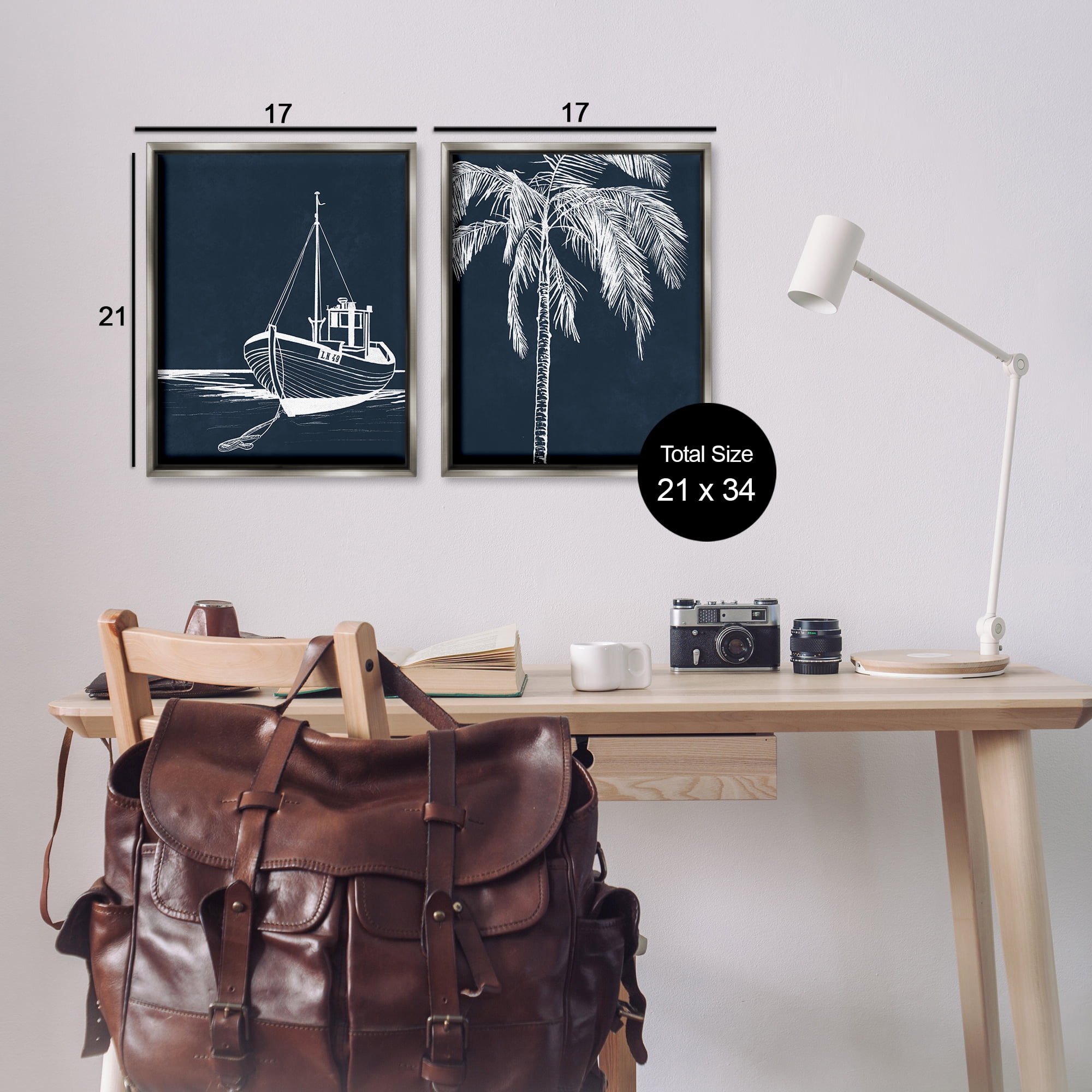 Stupell Industries Blue Boat & Palm Transportation Painting Gray Floater Framed Canvas Art Print Wall Art, 17 x 21, Set of 2