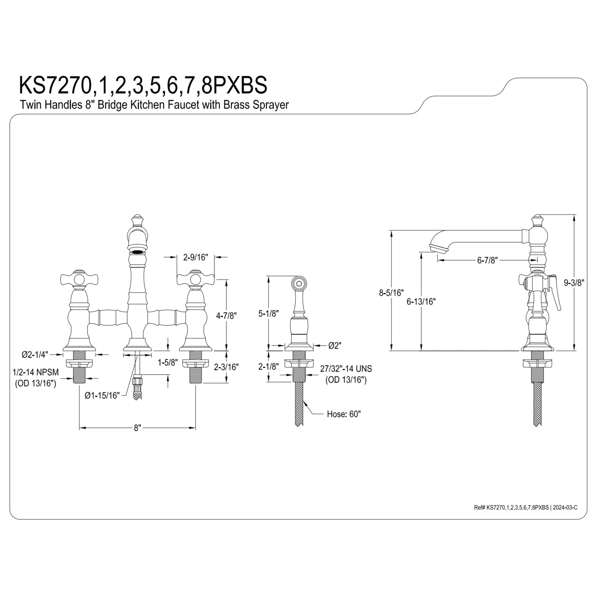 Kingston Brass KS7278PXBS English Country Bridge Kitchen Faucet with Brass Side Sprayer, Brushed Nickel