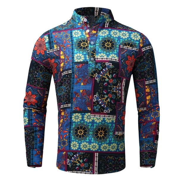 Playeras Blusa de otoño Camisa de pie de cuello largo Impreso Camisas de manga étnica para hombres (Blue, S)
