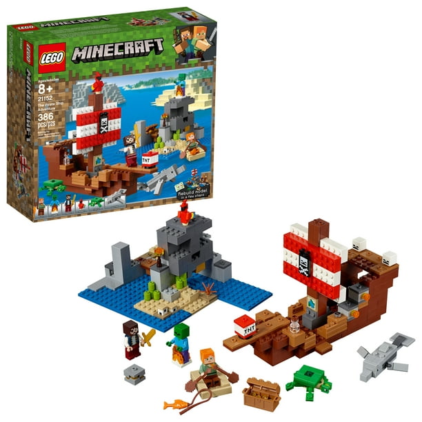 Lego Minecraft The Pirate Ship Adventure 21152 Pirate Ship Boat Shark Treasure Chest Building Toy Kit 386 Pieces Walmart Com Walmart Com
