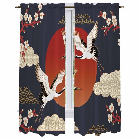 Japanese Style Kitchen Curtain for Berdoom Living Room Cafe 72 Inch Length, Modern Cranes Cherry Flower Wave Red Blue Tiers Curtains Light Filtering Drapes Window Treatment 2 Panels 52"Wx72"L