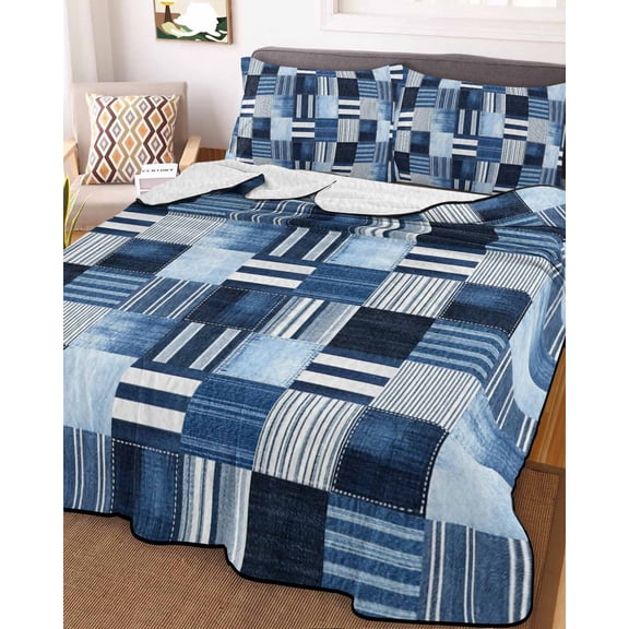 Blue White Plaid King Size Down Alternative Comforter, Lightweight Comforter Quilt Bedding Set with Pillow Shams Modern Geometric Striped Checkered All Seasons Bed Comforter Duvet Insert 96"x106"
