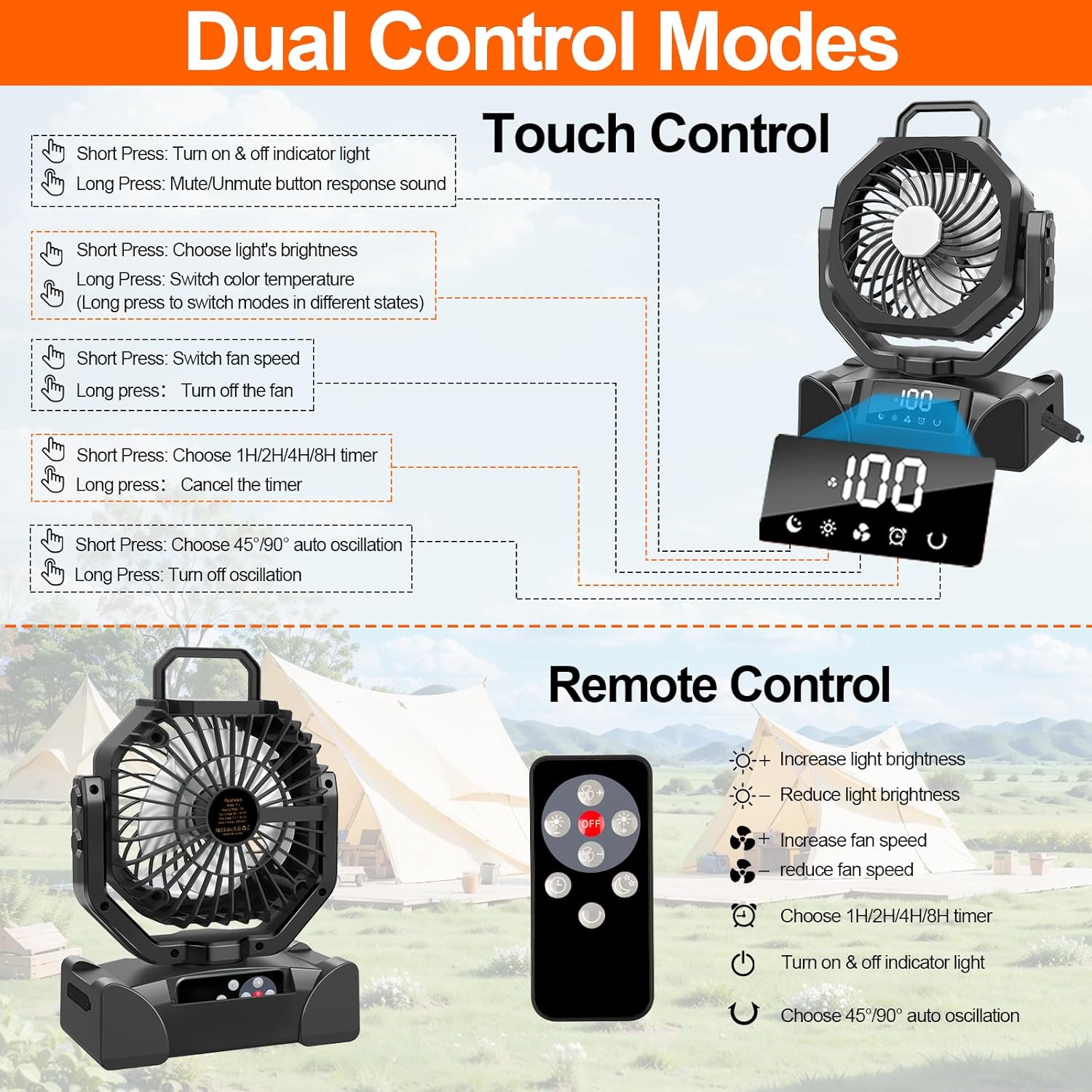 Portable Camping Fan Battery Operated Powered Fan with Remote Control & LED Lantern,20000mAh Battery Rechargeable,LED Digital Display,Oscillate,Timer,Rotation Hanging Hook for Tents Travel - Black