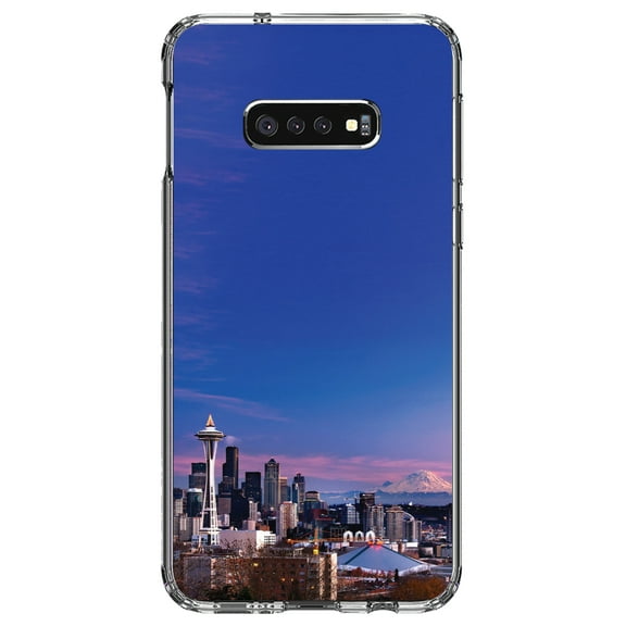 DistinctInk Clear Shockproof Hybrid Case for Samsung Galaxy S10e (5.8" Screen) - TPU Bumper, Acrylic Back, Tempered Glass Screen Protector - Seattle Skyline Night - Seattle