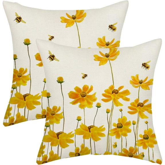 Spring Flower Pillow Covers 16x16 Yellow Daisy Bee Farmhouse Decor Throw Pillows Case for Couch Floral Seasonal Pillowcase Outdoor Decorative Cushion Case for Sofa Bed Decorations Set of 2