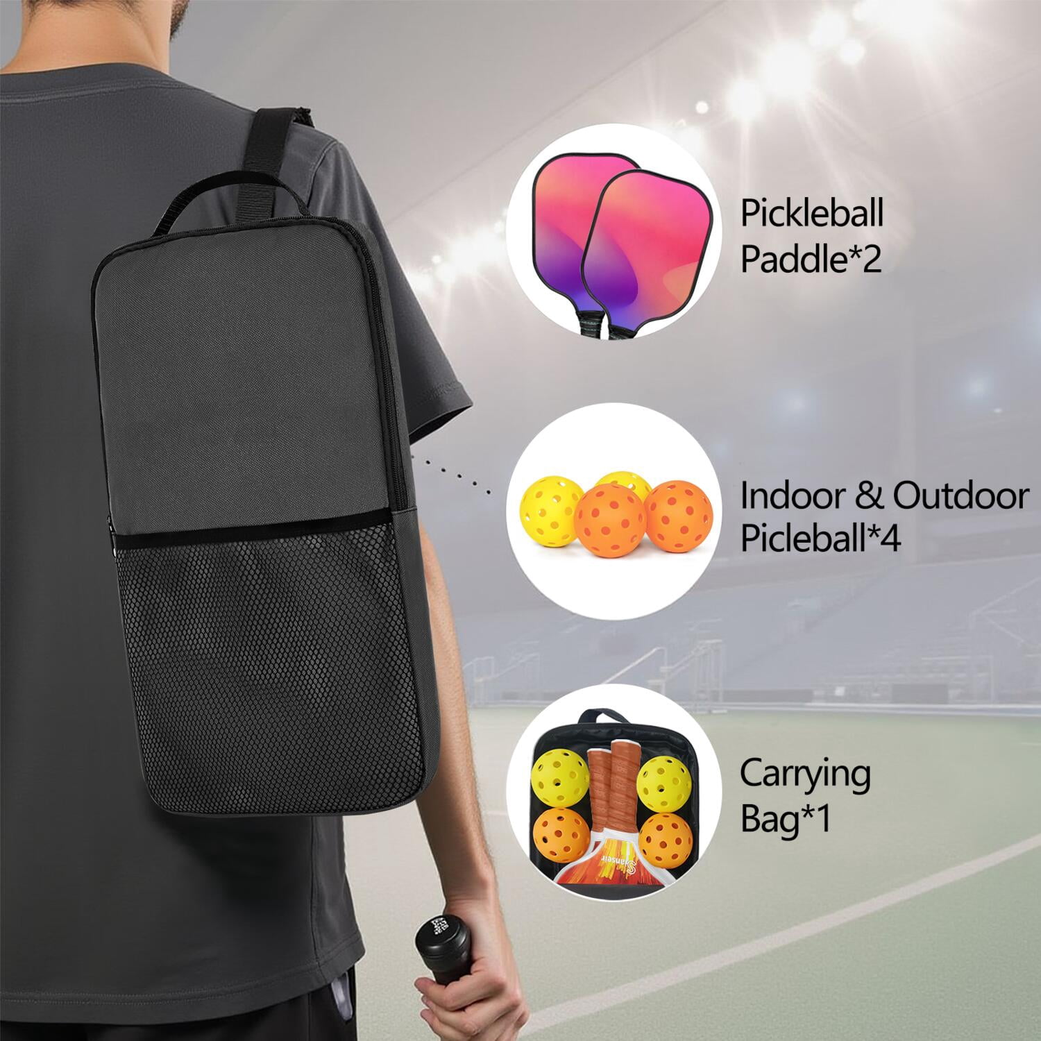 Pickleball Paddles Set Of 2, Fiberglass Surface, Neon Fluid Print, 4 Balls & Bag