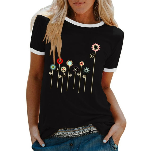 Hauts Décontractés à Manches Courtes Imprimé Floral pour Femme, Col Rond, Manches Courtes, Halloween, Action de Grâce, Noël, Travail, Maison, Décontracté, Rendez-Vous, Anniversaire, Fête