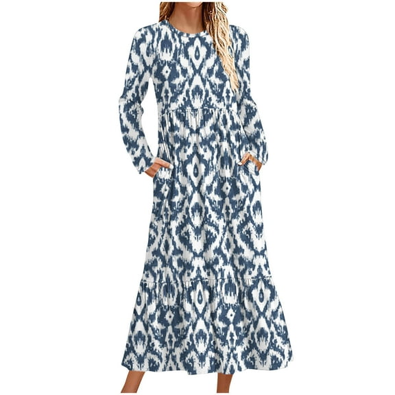Womens Floral Dress Women's Spring Winter Long Sleeved Solid Color Loose Round Neck Long Fashionable Comfortable Casual Dresses for Women Blue S-2XL