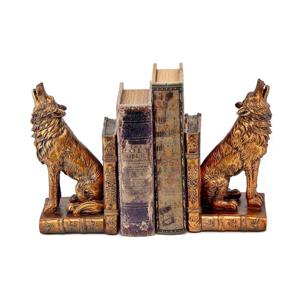 Bellaa 26362 Decorative Bookends Howling Wolf Animal Cabin Farmhouse Vintage Bookshelf Home Decor Tabletop Shelves Nonskid Heavy Book Stoppers 9 inch