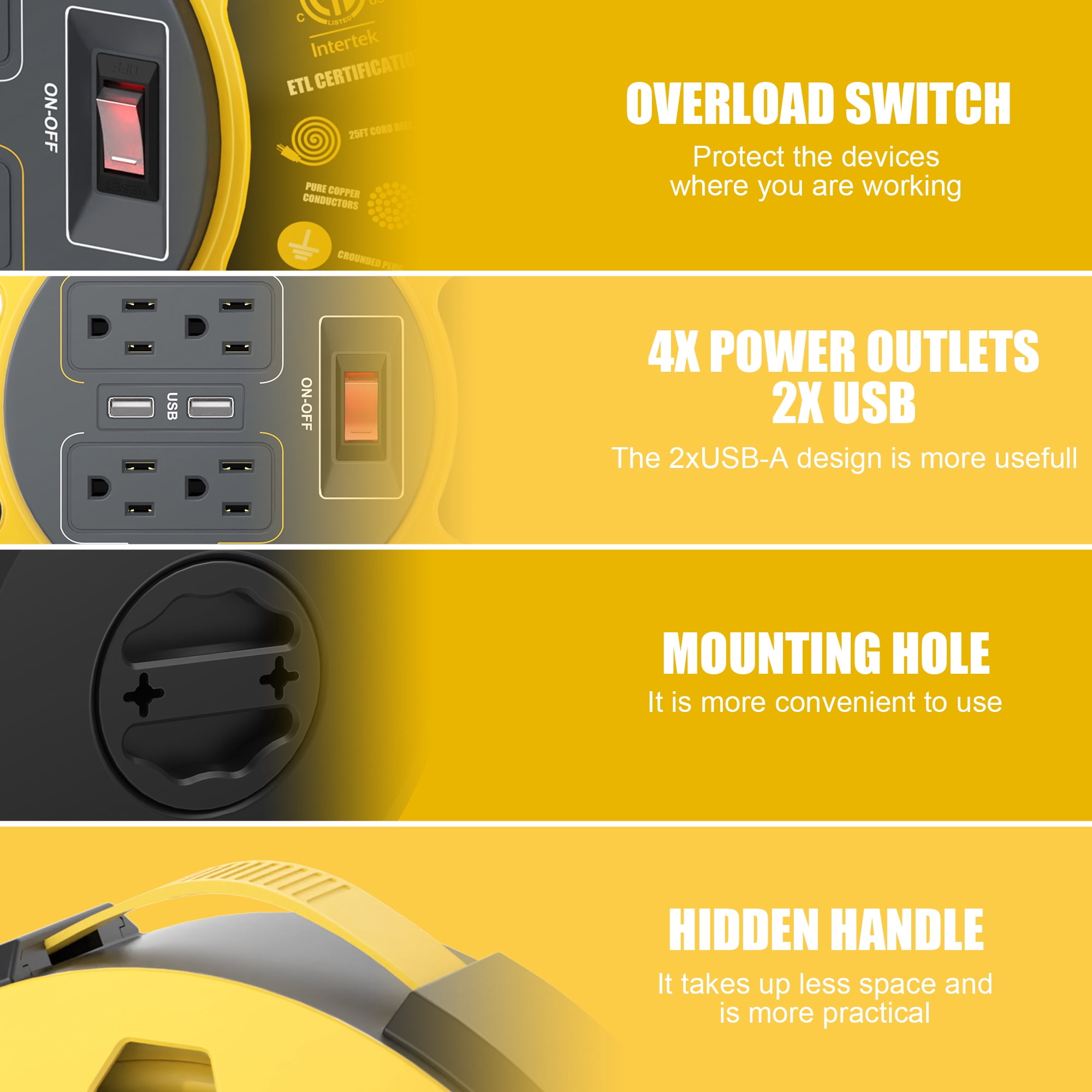 Hongyi Extension Cord Reel 32ft,16AWGX3C,SJT,4-Outlet and 2-USB Ports,Yellow