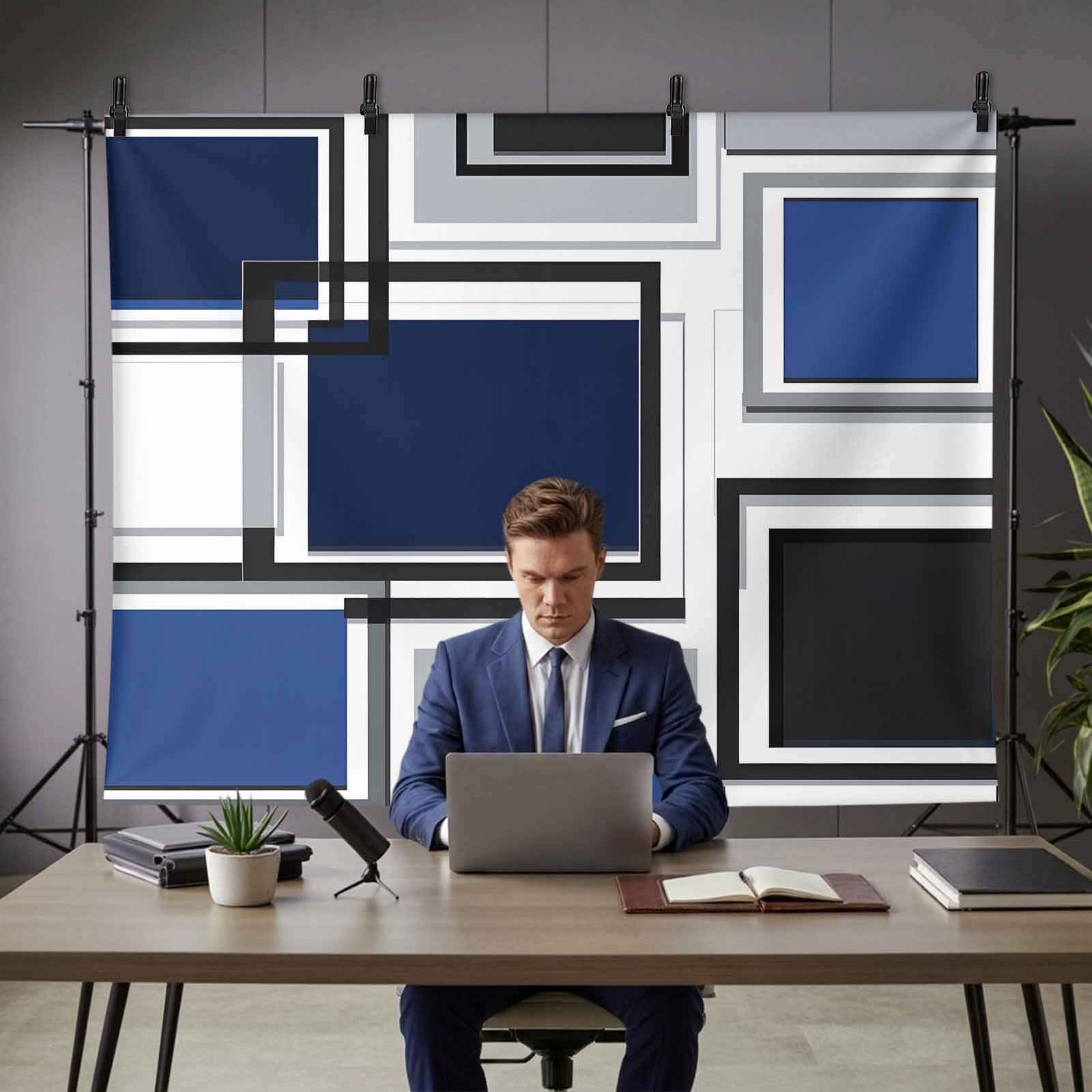 Space Design Sense Backdrop for Photography, Black Blue Suqare Stitching Photo Backdrop Portrait Background Party Banner Photo Backgrounds for Studio Booth Props, 7x5ft