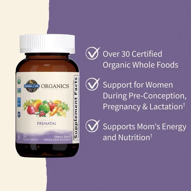 Garden of Life Organics Prenatal Multivitamin, with Folate and Vegan D3 - Once Daily for Pregnant & Lactating Women - 1 Month Supply