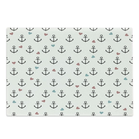 Anchor Cutting Board, Anchors and Colored Hearts Sailor Holiday Escape Seaside Explore Life, Decorative Tempered Glass Cutting and Serving Board, Large Size, Eggshell Charcoal Grey, by Ambesonne