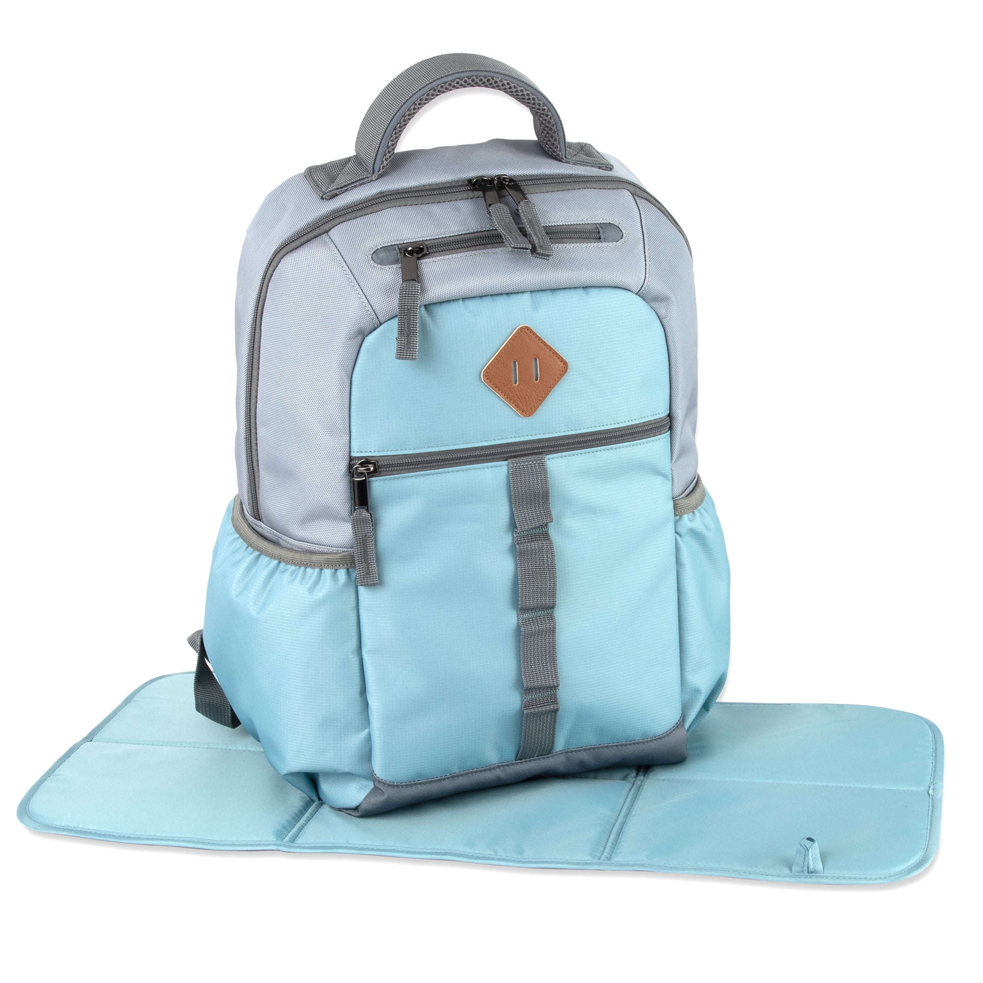Baby Essentials Multi-Pocket Dual Zipper Closure Diaper Bag Backpack with Matching Changing Pad, Insulated Bottle Pockets and Stroller Straps in Ice Blue and Gray